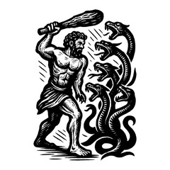 Fototapeta premium Hercules Fighting Hydra Black and White Outline Line Art Drawing Illustration with Club Detail