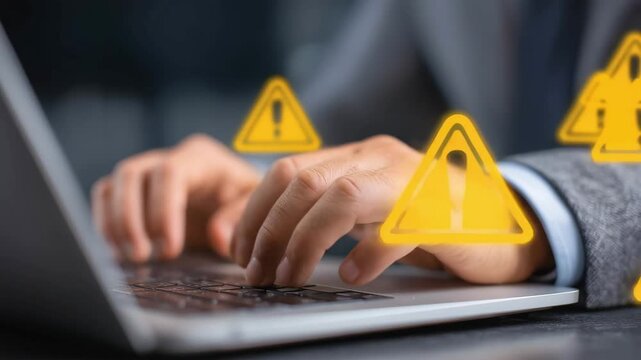 A person typing on a laptop with multiple warning icons indicating caution, alert, or cybersecurity threats.