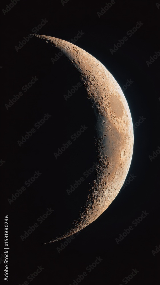 Poster stunning photo of crescent of a young moon with a large increase. moon, view through a telescope. th