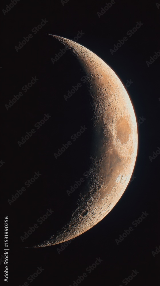 Poster stunning photo of crescent of a young moon with a large increase. moon, view through a telescope. th