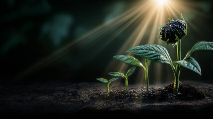 Young plants increase on sunny background.Growing money,finance and investment. Concept of business growth,profit, development and success.