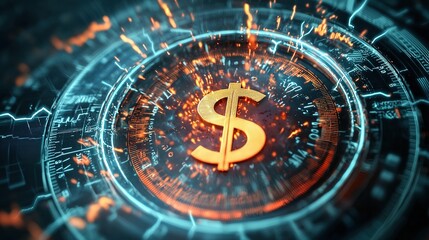 Naklejka premium A glowing dollar symbol stands at the center of a futuristic digital interface, representing technology and finance integration.