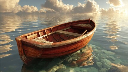 Obraz premium Wooden Boat on Water with Clouds