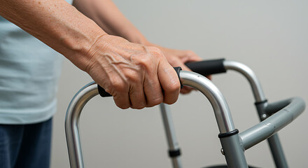 Close-up of Elderly Hands Gripping Walking Frame, Veined Skin Detail