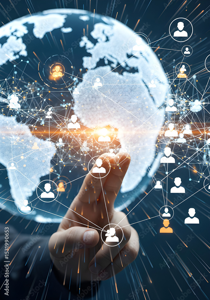 Poster a hand reaches towards a digital globe, surrounded by network connections and user icons, symbolizin