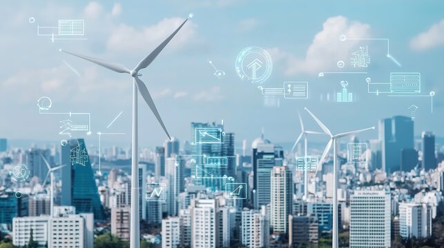Wind turbines generating clean energy with digital technology graphics over a modern city skyline.