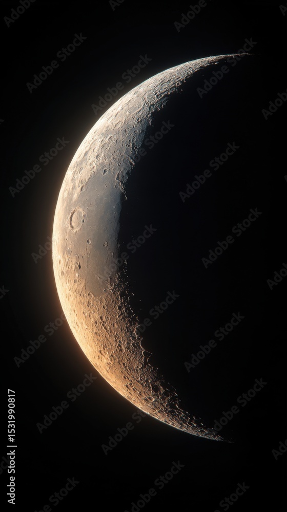 Poster stunning photo of crescent of a young moon with a large increase. moon, view through a telescope. th