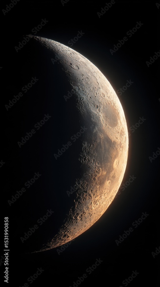 Poster stunning photo of crescent of a young moon with a large increase. moon, view through a telescope. th