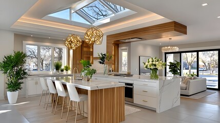 Wooden cabinets with marble kitchen island high resolution photo