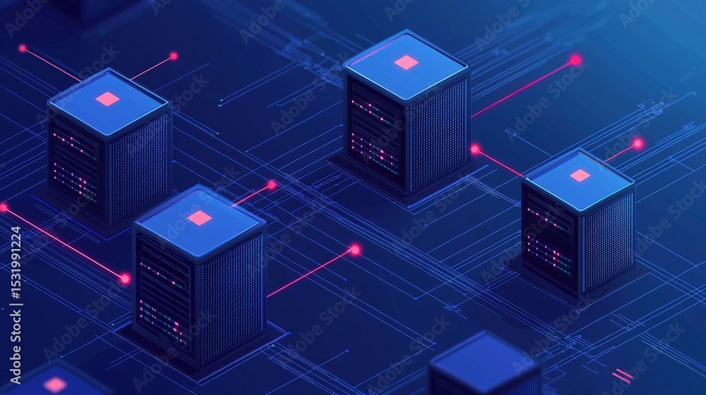 Poster futuristic illustration of networked servers or data centers connected by digital circuits and glowi