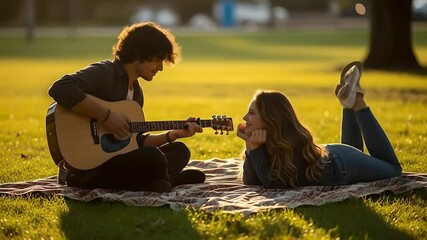 Young couple with guitar. Man plays guitar for woman in park, sunny date scene, picnic. Romantic park setting, music lover, relationships, dating, Valentines's Day, relaxation.