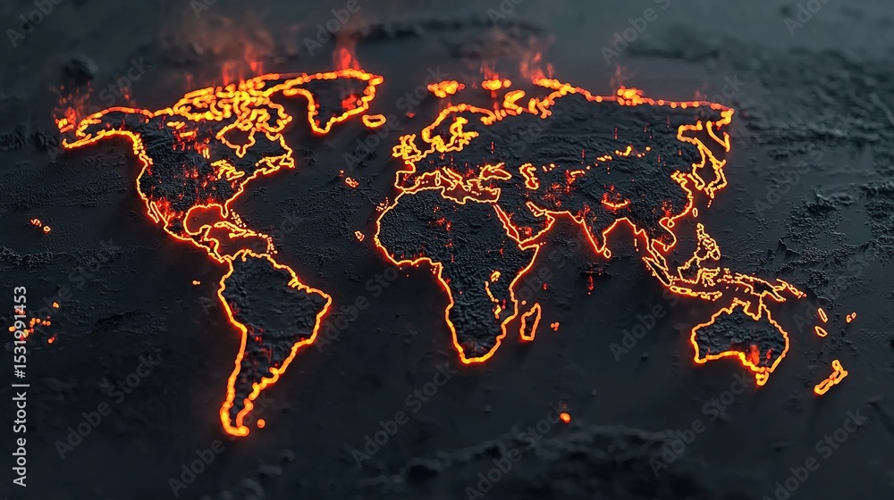 Poster a glowing world map with illuminated borders appears as if made of molten lava on a dark, textured s