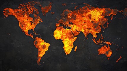 A glowing, fiery world map on a dark textured background, symbolizing global warming or environmental crisis.