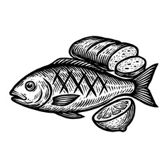 Engraved Fish Bread and Lemon Black and White Outline Line Art Hand Drawing Illustration Vector