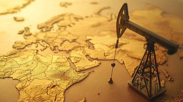 A golden oil pump on a world map highlights global oil extraction and energy resources.