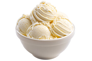 Ultra-high-resolution vanilla ice cream scoop in rustic ceramic bowl isolated on transparent background PNG cutout &ndash; ideal for gourmet dessert menus, premium packaging mock-ups and caf&eacute; advertising