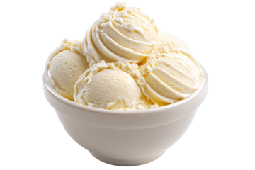 Ultra-high-resolution vanilla ice cream scoop in rustic ceramic bowl isolated on transparent background PNG cutout – ideal for gourmet dessert menus, premium packaging mock-ups and café advertising