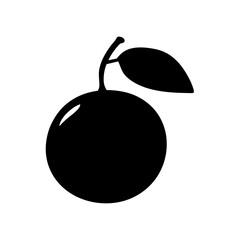 Silhouette of a Plum with Stem and Leaf on White Background