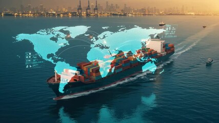 Global Cargo Ship with World Map Overlay - Powered by Adobe