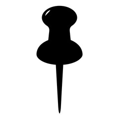 A simple, minimalistic vector graphic of a black push pin with sharp point