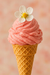 Strawberry Ice Cream Cone Topped with White Flower on Soft Pink Background
