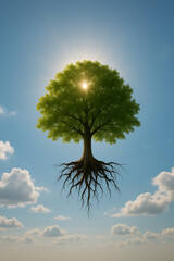 Floating Green Tree with Exposed Roots and Sunburst in Clear Blue Sky
