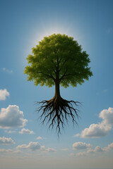 Surreal Floating Tree with Roots Suspended in Sky Surrounded by Clouds
