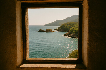 Framed Coastal View of Turquoise Sea and Islands Through Ancient Stone Window
