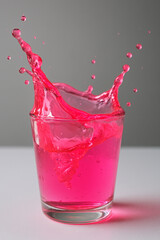 Bright Pink Liquid Splash Captured Mid-Air in a Clear Glass with Grey Background
