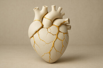 Kintsugi-Inspired Anatomical Heart Sculpture with Extensive Gold Cracks
