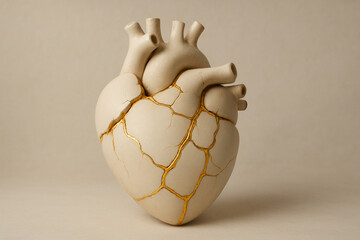 Ceramic Anatomical Heart with Gold Kintsugi Cracks Symbolizing Healing
