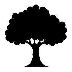 Silhouette of a lush, bushy tree with rounded leaves and thick trunk