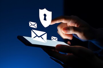 Securing emails on a smartphone, a glowing shield protects digital messages