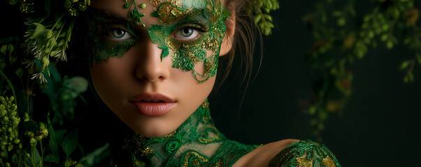 Close-up portrait of a young woman wearing an elaborate green fantasy costume with botanical face paint and floral accessories blending with nature on a dark background