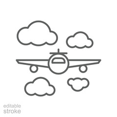 Airplane Icon in Sky Outline Style with Clouds Thin Line Editable Stroke