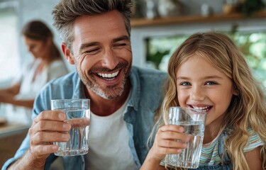 a happy family toasting with water glasses at a dining table, in a modern home interior.