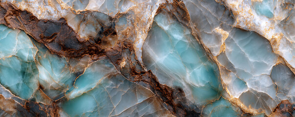 Natural stone slab with striking turquoise blue tones contrasted by brown and gray veining throughout the polished marble texture creating a vibrant geological abstract pattern