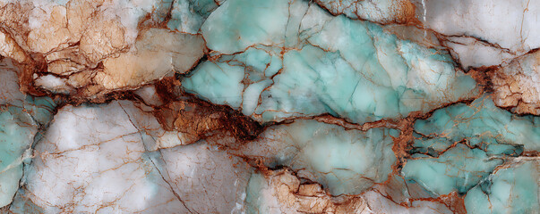 Natural stone slab with striking turquoise blue tones contrasted by brown and gray veining throughout the polished marble texture creating a vibrant geological abstract pattern