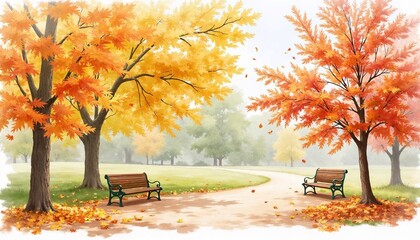Scenic autumn park with benches and colorful trees in fall  