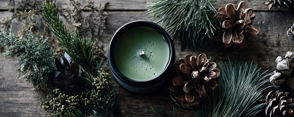 Cozy flat lay featuring a green candle surrounded by pinecones, evergreen foliage, twine, and warm knitted textures in beige and green tones arranged in a rustic seasonal setting