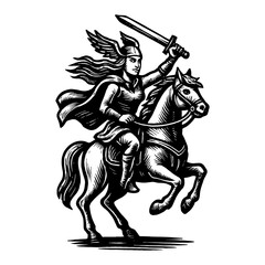 Fototapeta premium Valkyrie Riding Horse and Holding Sword in Black and White Outline Line Art Drawing