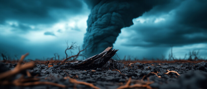 Dramatic Tornado Touching Down in a Dark Stormy Landscape with Eerie Cloud Formation