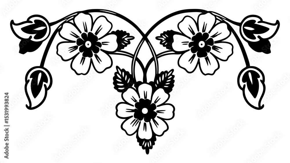 Poster floral design with three flowers and leaves arranged symmetrically in black and white color scheme s