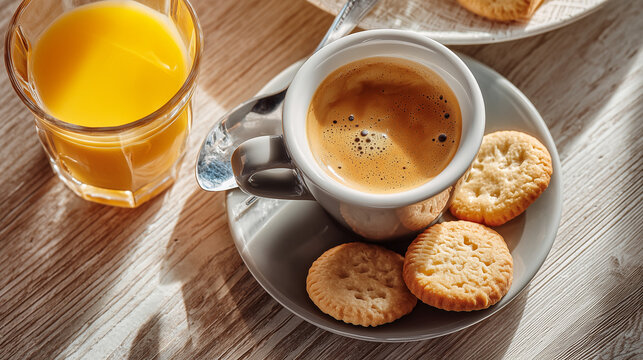 Italian table at breakfast time with a cup of coffee, a glass of orange juice, cookies