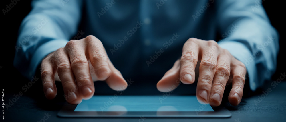 Poster person using touchscreen device with focused hands on table in professional setting