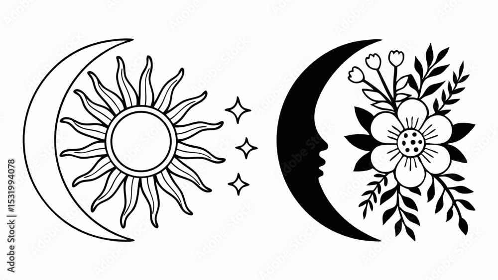 Poster sun and moon celestial design with stars and floral elements in black and white line art style creat