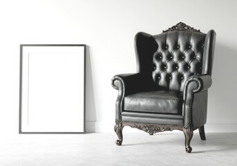 Black leather wingback chair with frame isolated on white background