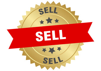 sell. sell round red and gold label isolated on transparent background