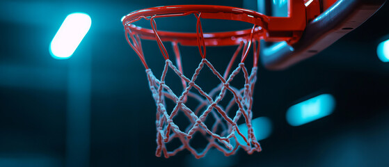 Close-Up View of Basketball Hoop with Lit Background in Indoor Sports Gym