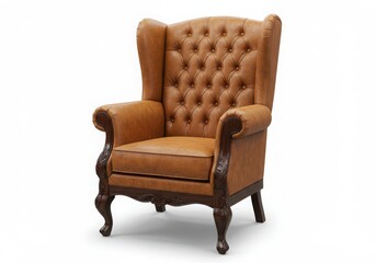 Brown leather wingback chair isolated on white background